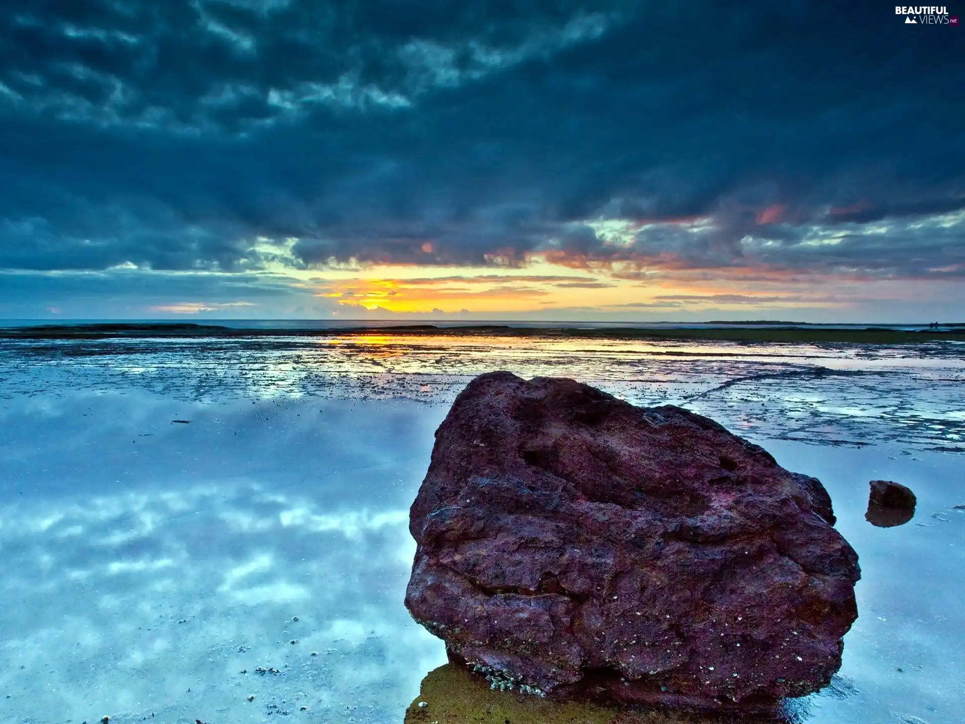 stone, Przebijające, luminosity, ligh, flash, sea, clouds, sun