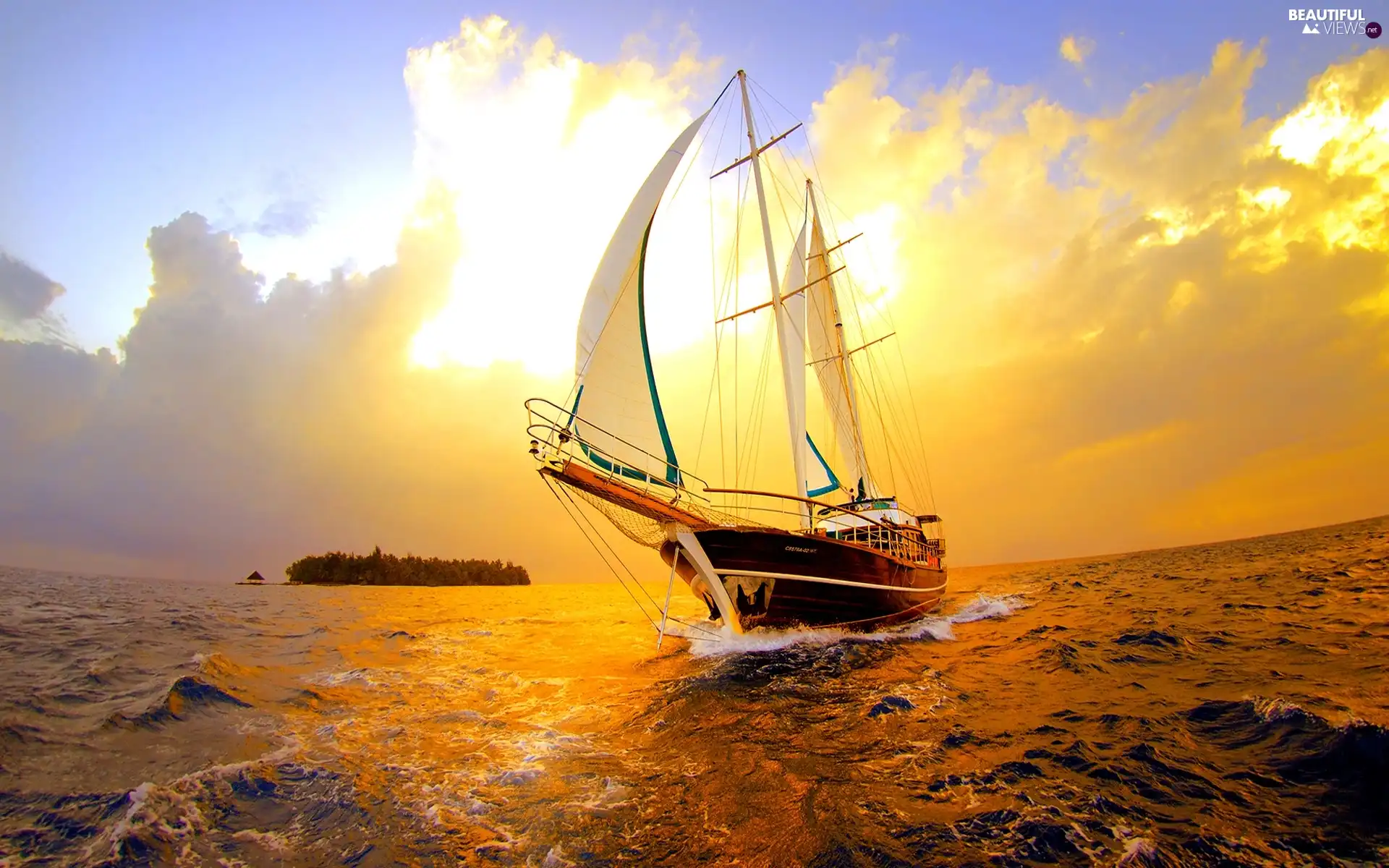 Przebijające, sun, sea, Island, sailing vessel