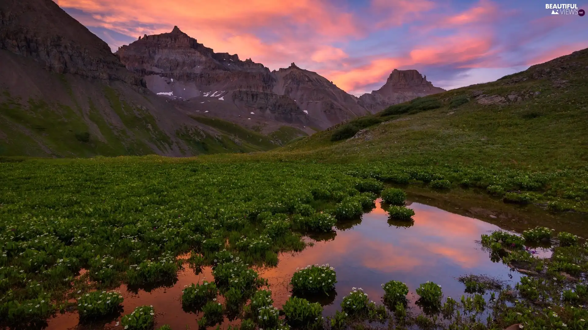 Mountains, puddle, Great Sunsets, Meadow