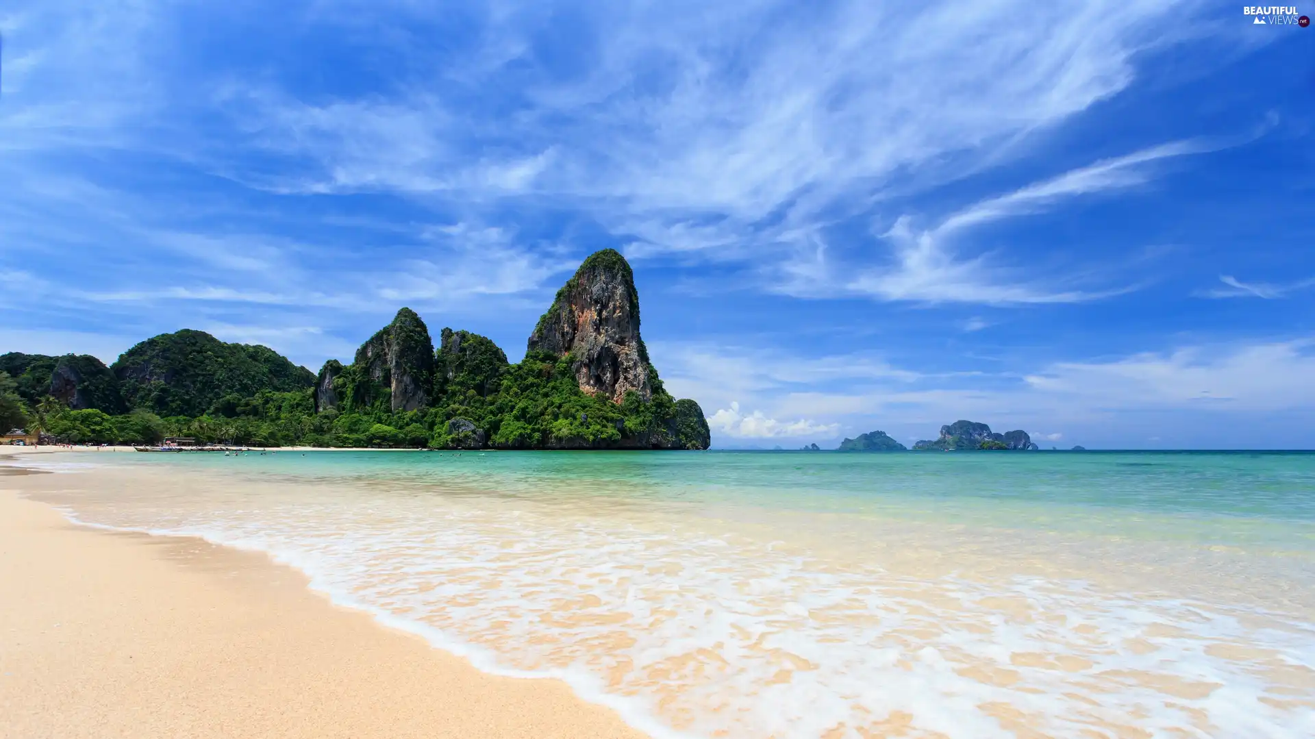 rocks, Krabi Province, clouds, Thailand, viewes, Railay Beach, Andaman Sea, trees