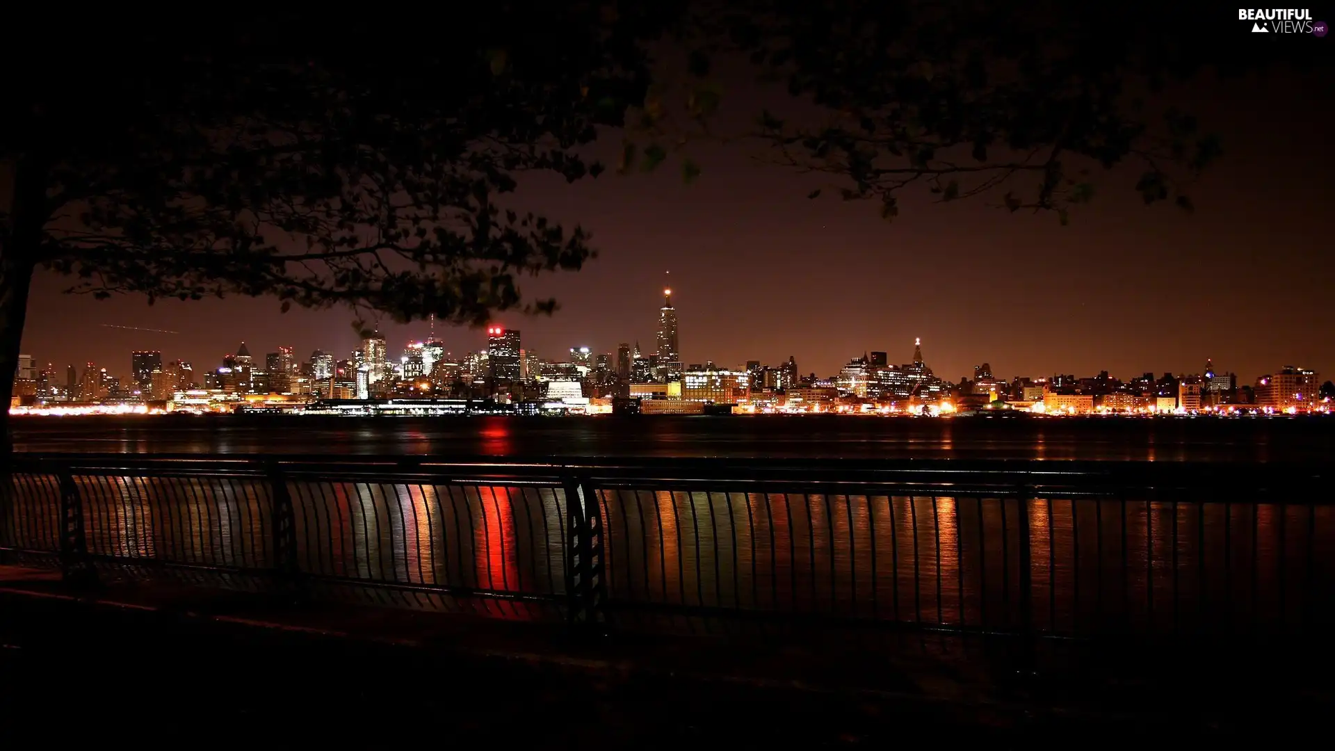 Town, River, railing, night