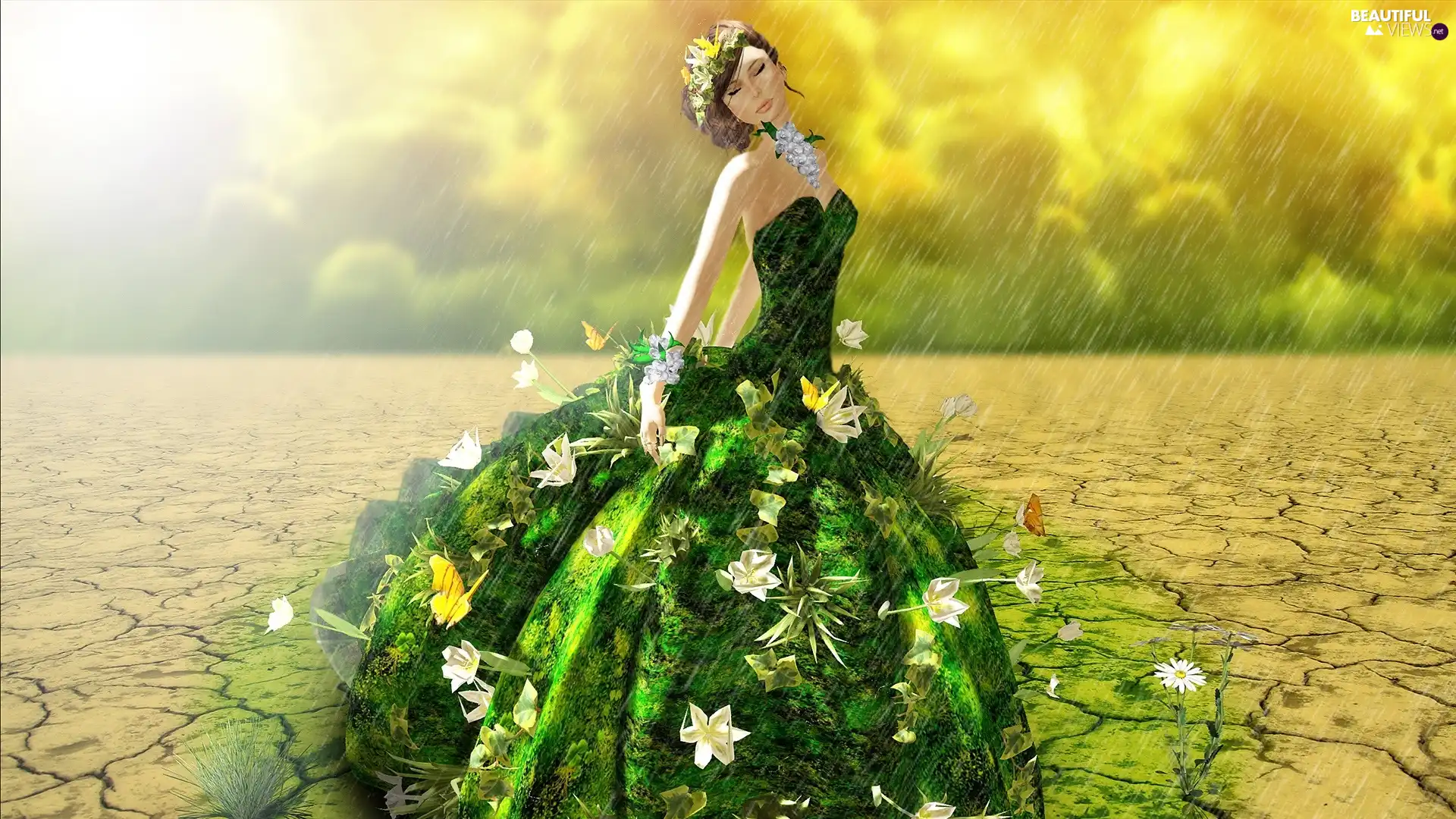fantasy, brunette, Rain, girl