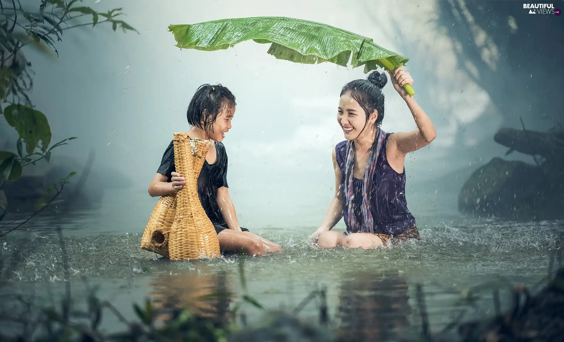Rain, leaf, Women, Kid, River