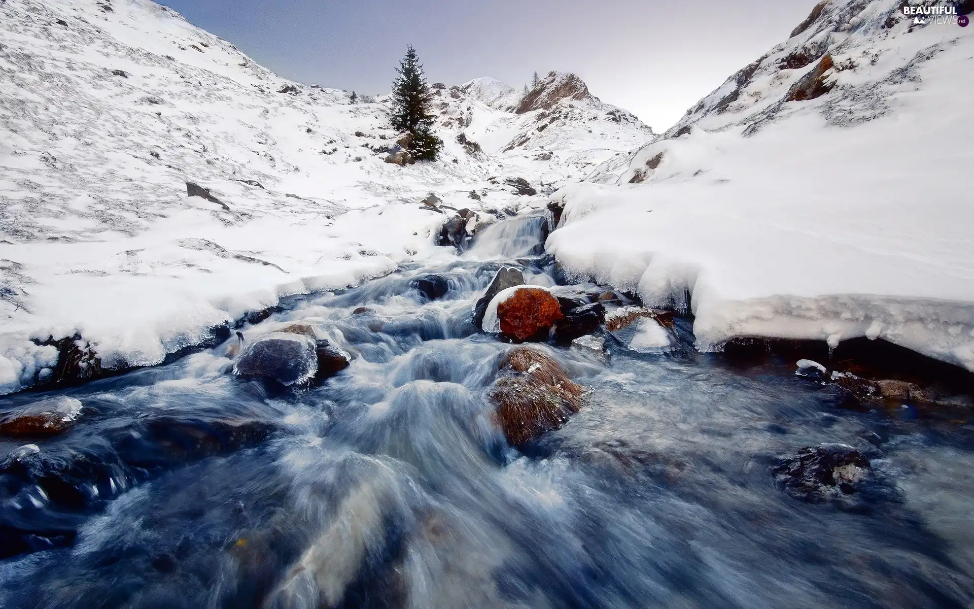 Mountains, winter, rapid, stream, Stones, Snowy