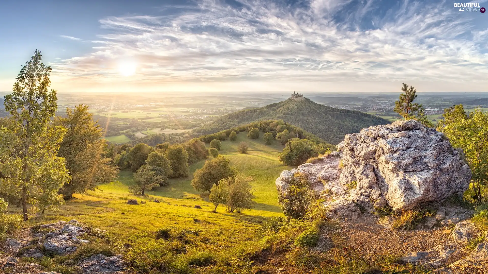 trees, Hohenzollern Mountain, Rocks, viewes, rays of the Sun, Germany, Baden-Württemberg, woods, Hohenzollern Castle, clouds, Hill