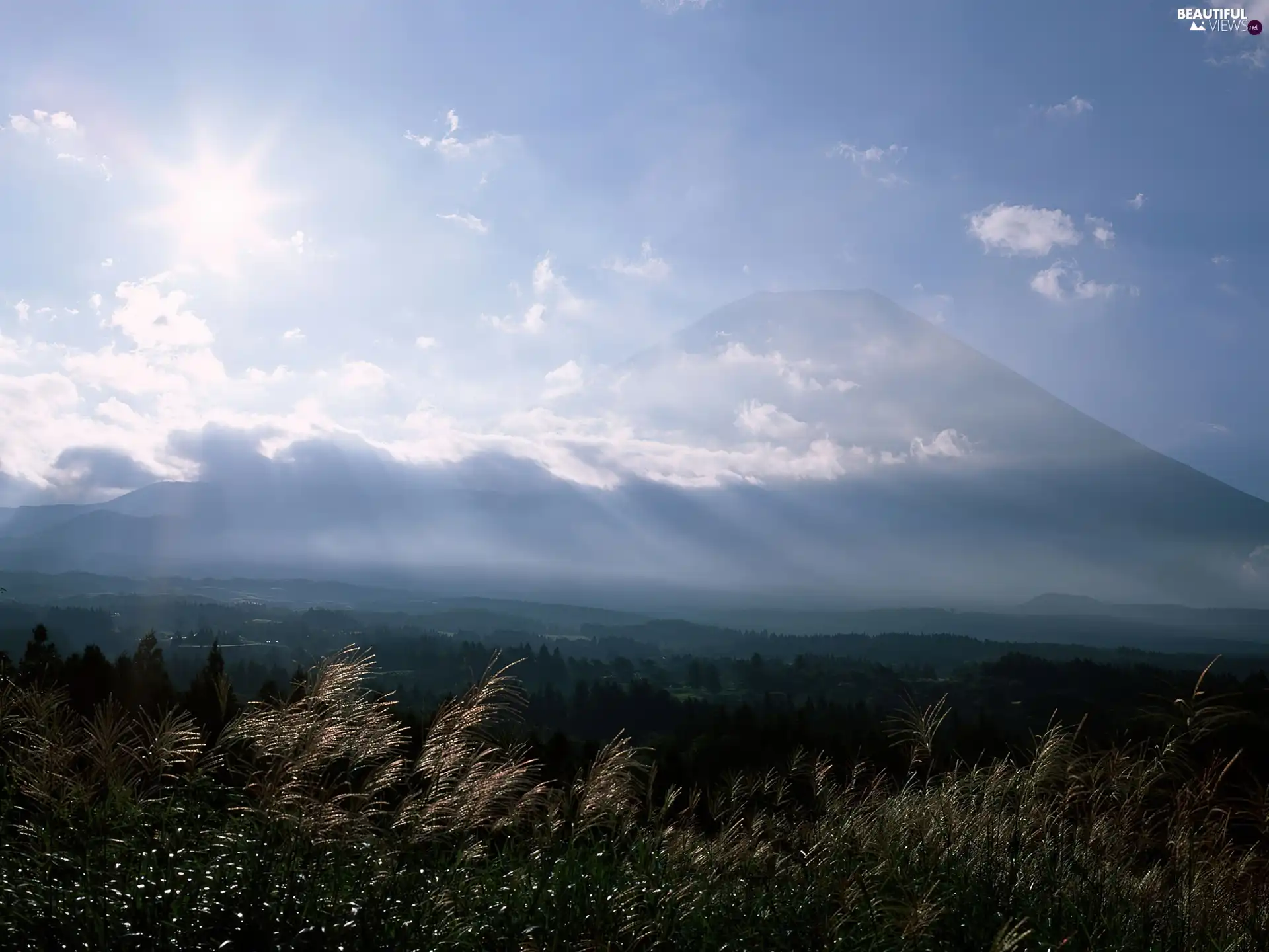 rays, Mountains, Sky, clouds, sun