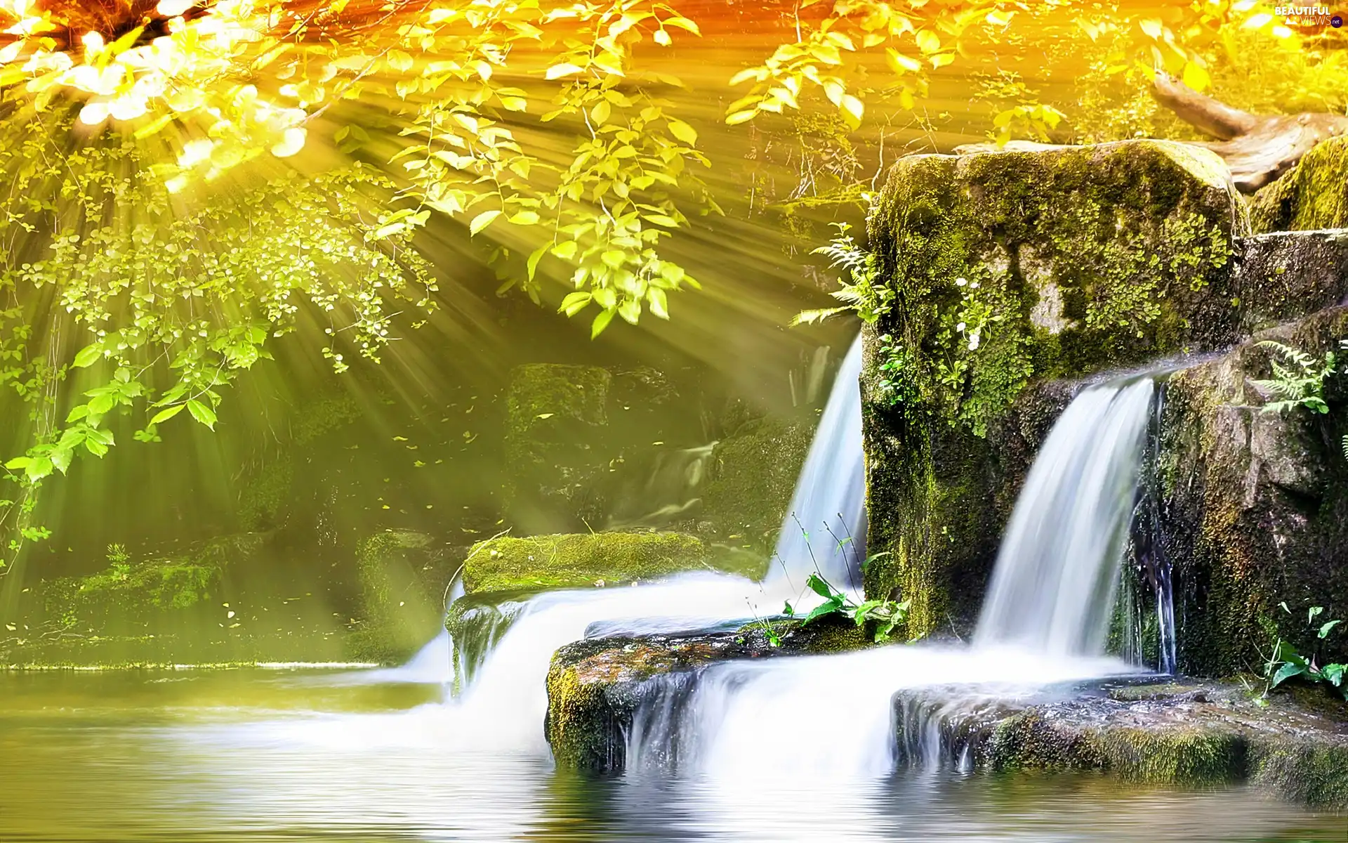 cascade, Leaf, rays, Stones rocks