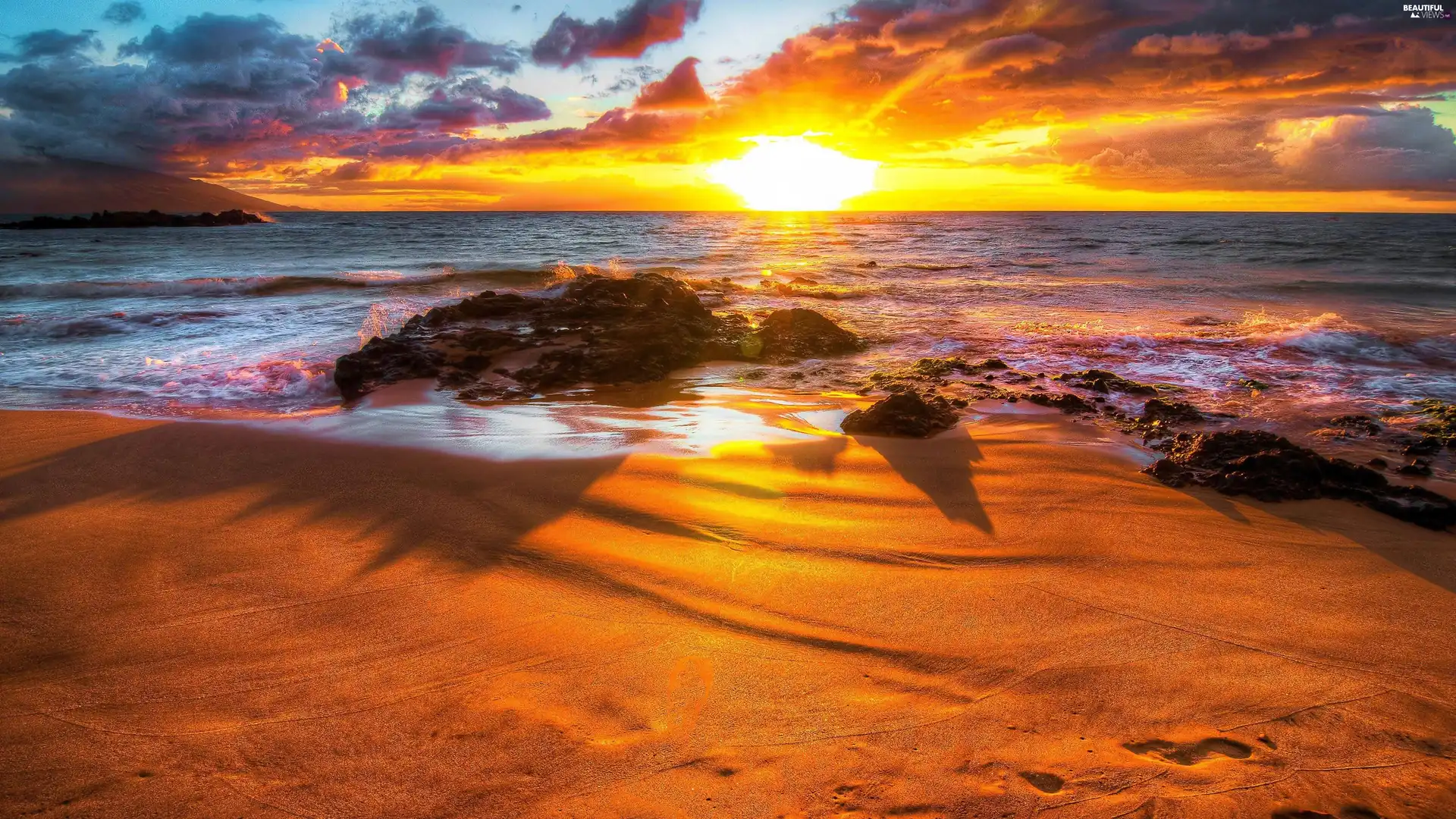 rocks, Coast, rays, sun, clouds, Beaches