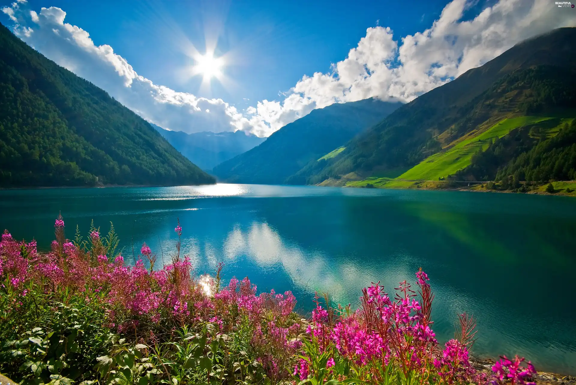 Clouds Lake Rays Sun Flowers Mountains Beautiful Views