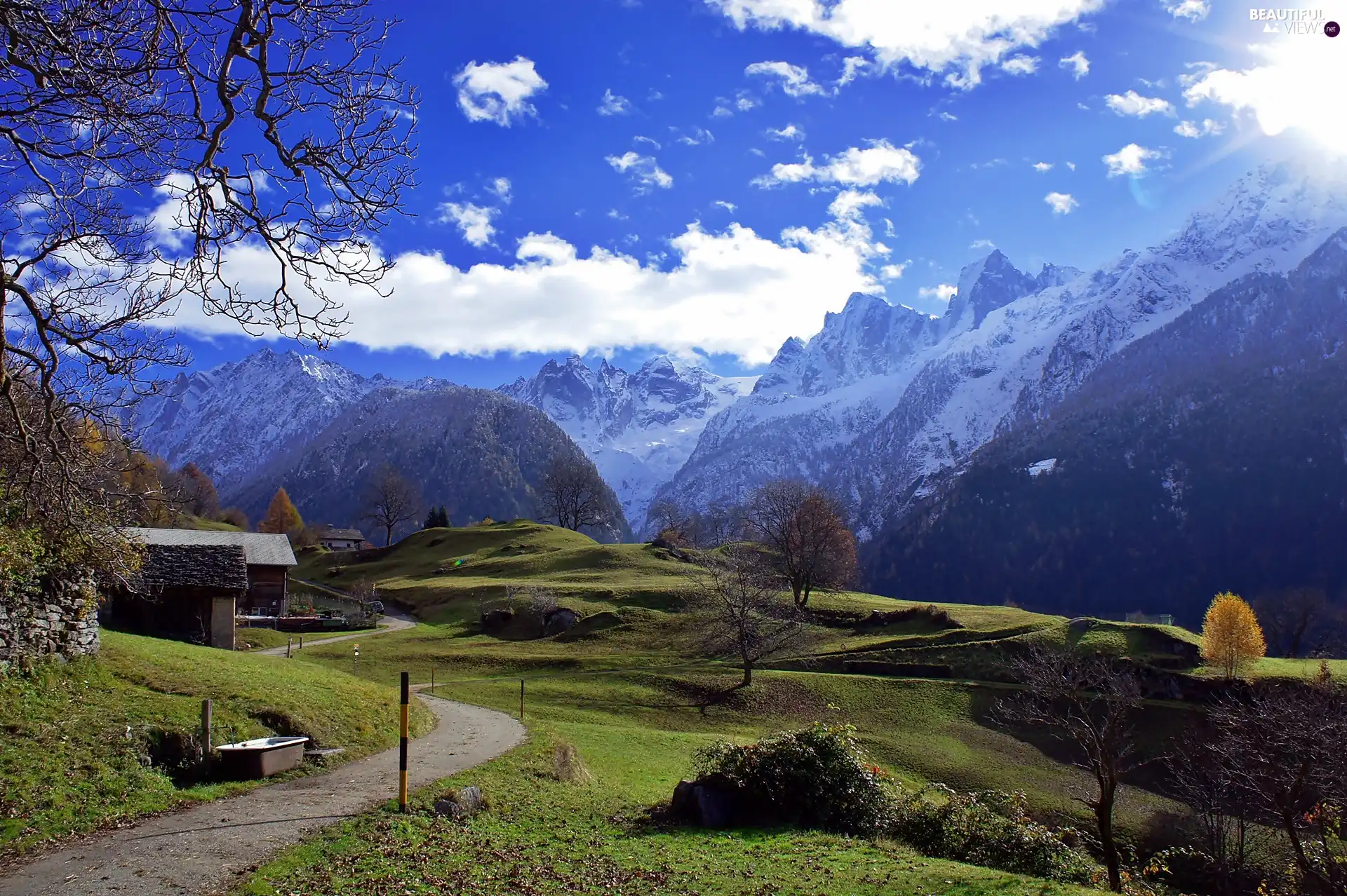 Way, Alps, rays, sun, Houses, medows