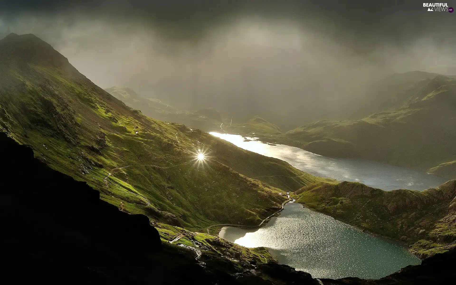 rays, sun, Ponds, morning, Mountains