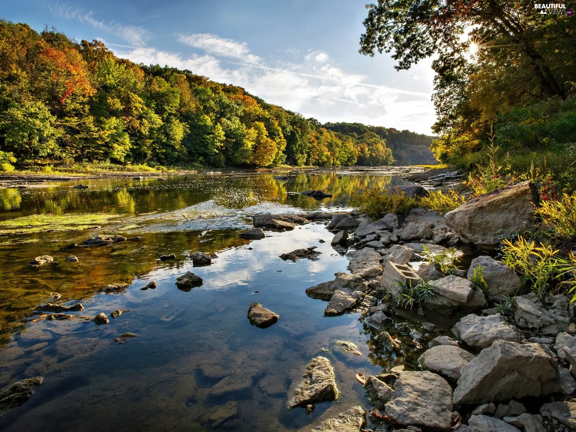 rays, sun, Stones, forest, River