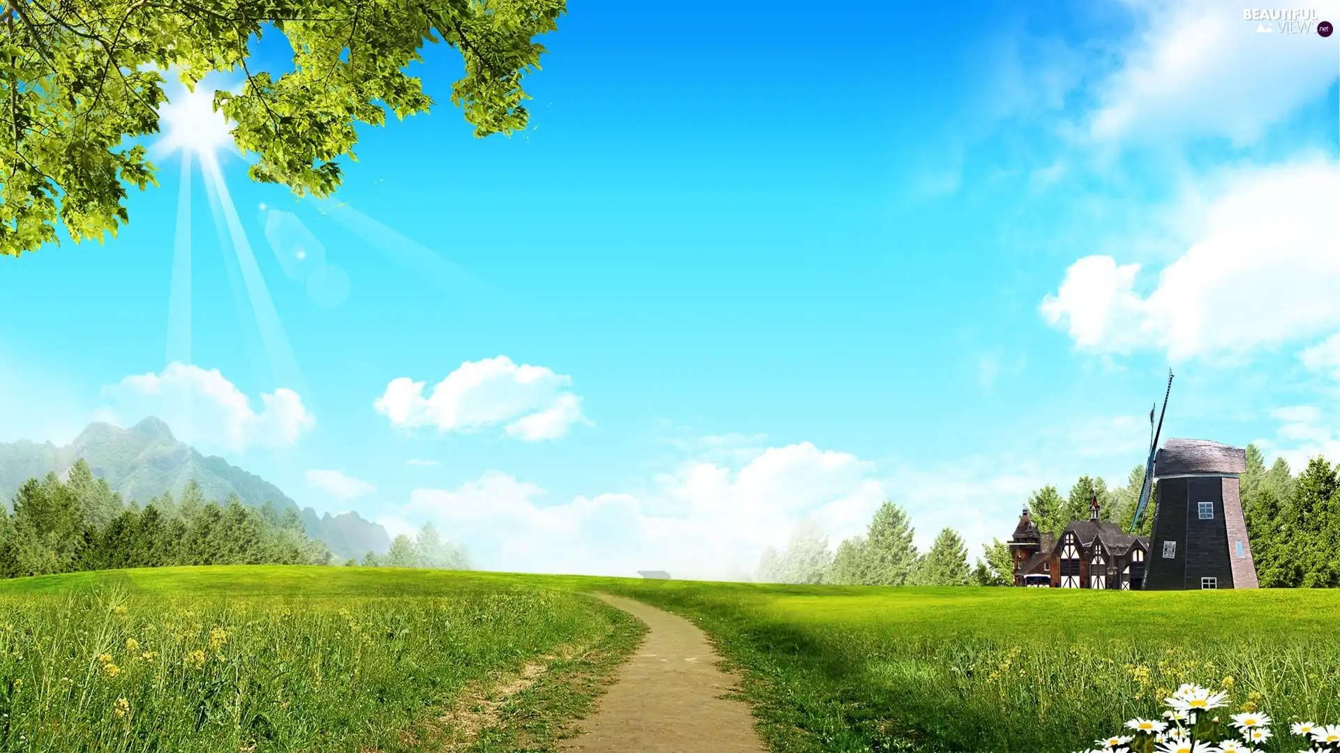 Way, Windmill, rays, Meadow