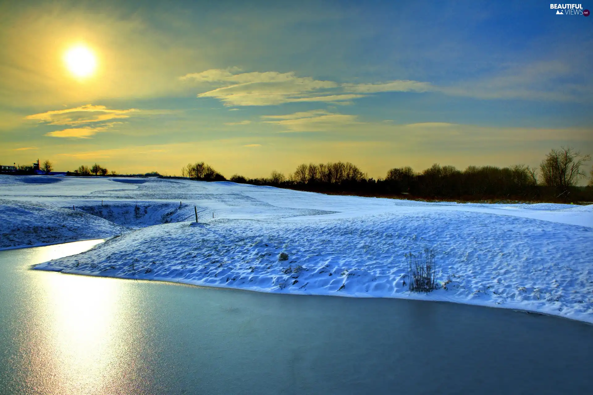 viewes, field, sun, trees, River, rays, winter