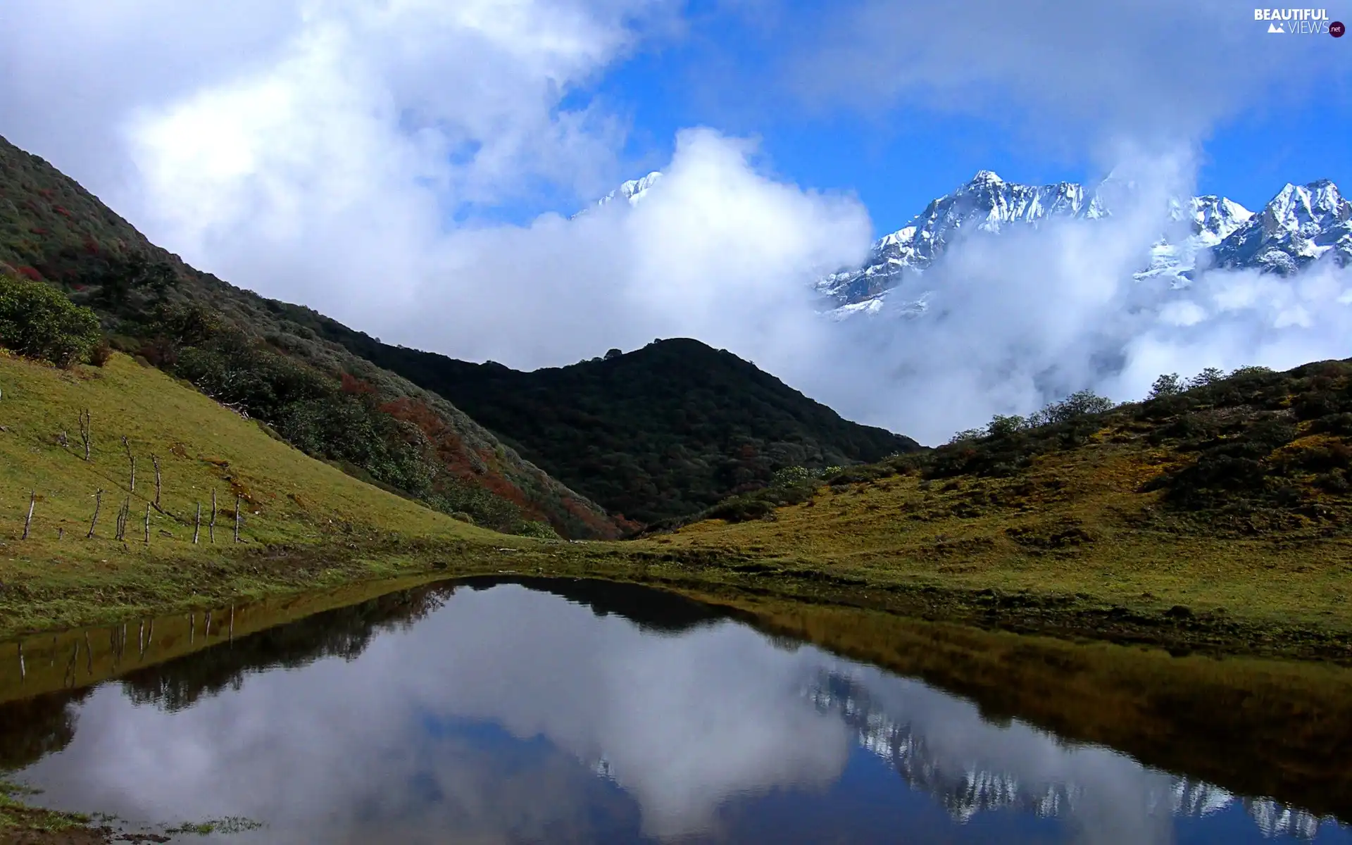 Pond - car, Mountains, reflection