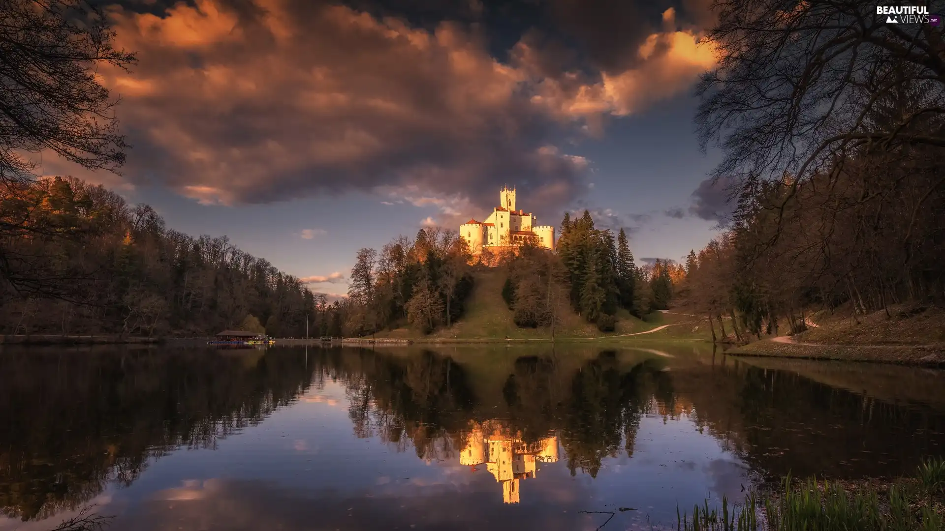 trees, Trakoscan Castle, clouds, lake, Coartia, viewes, reflection