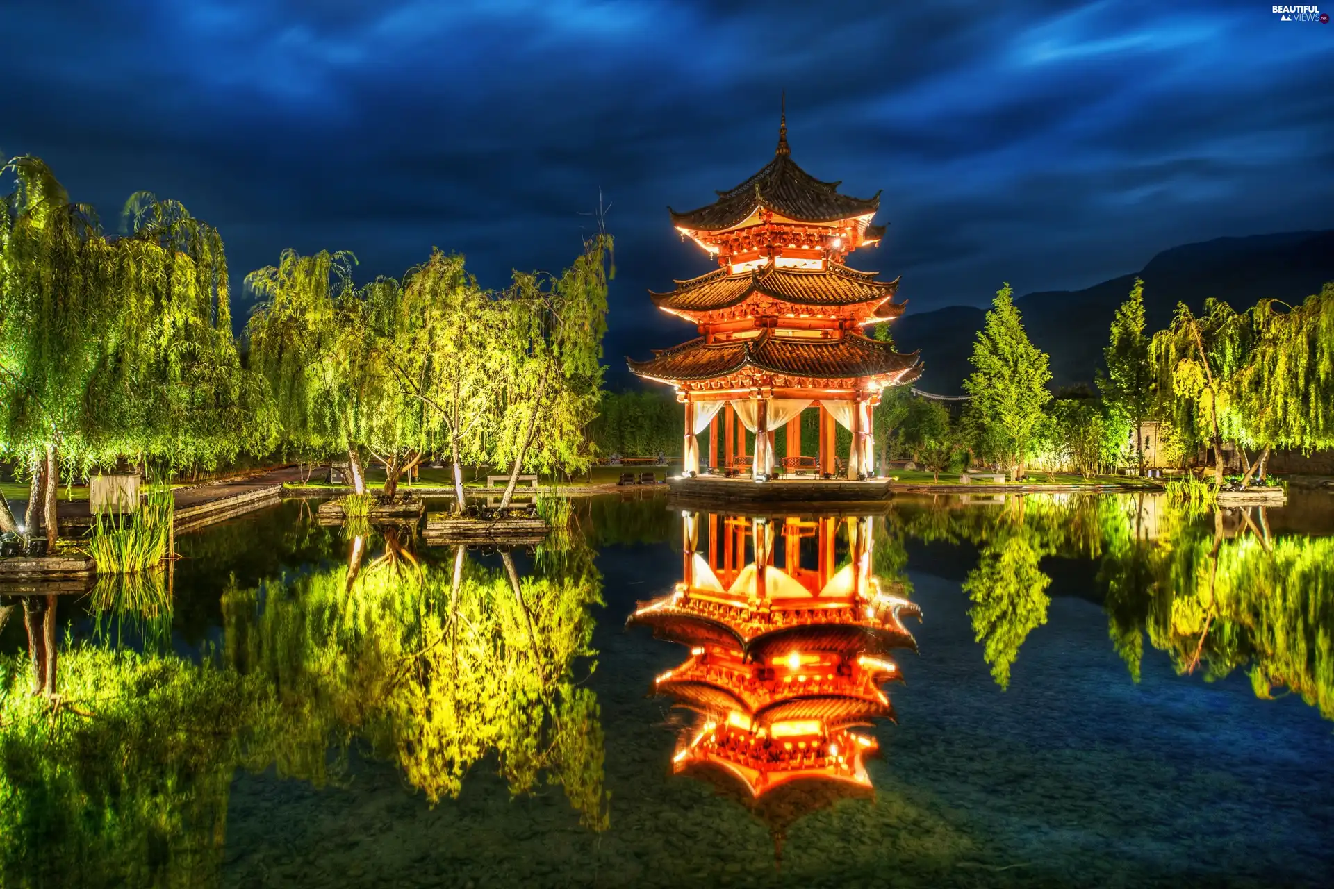 viewes, house, reflection, China, lake, trees