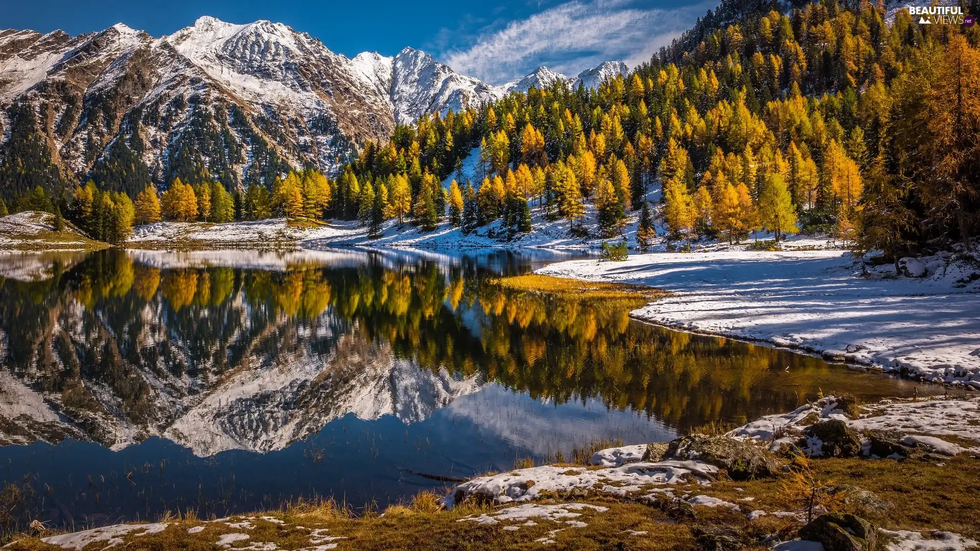 trees, Mountains, snow, reflection, viewes, lake