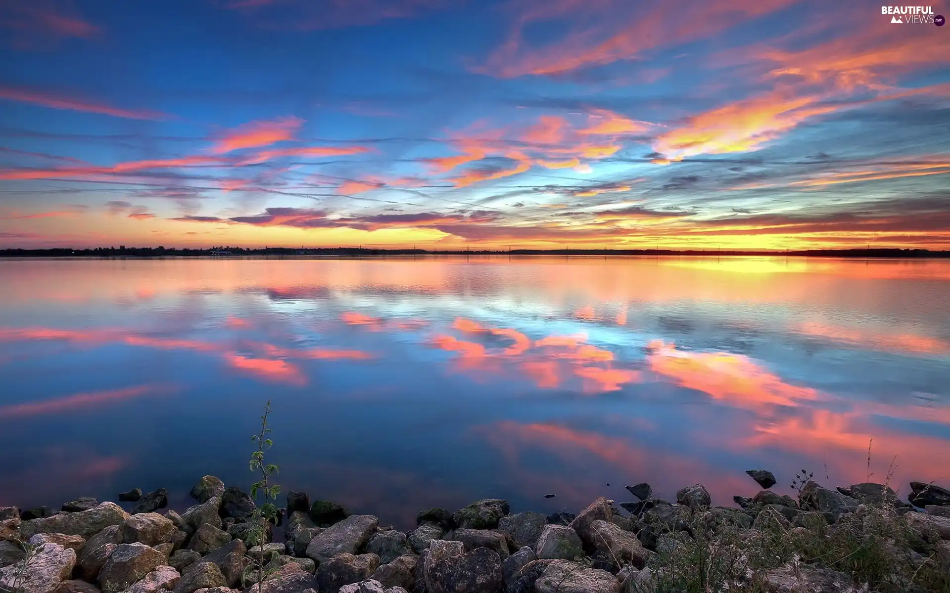 lake, Stones, reflection, clouds
