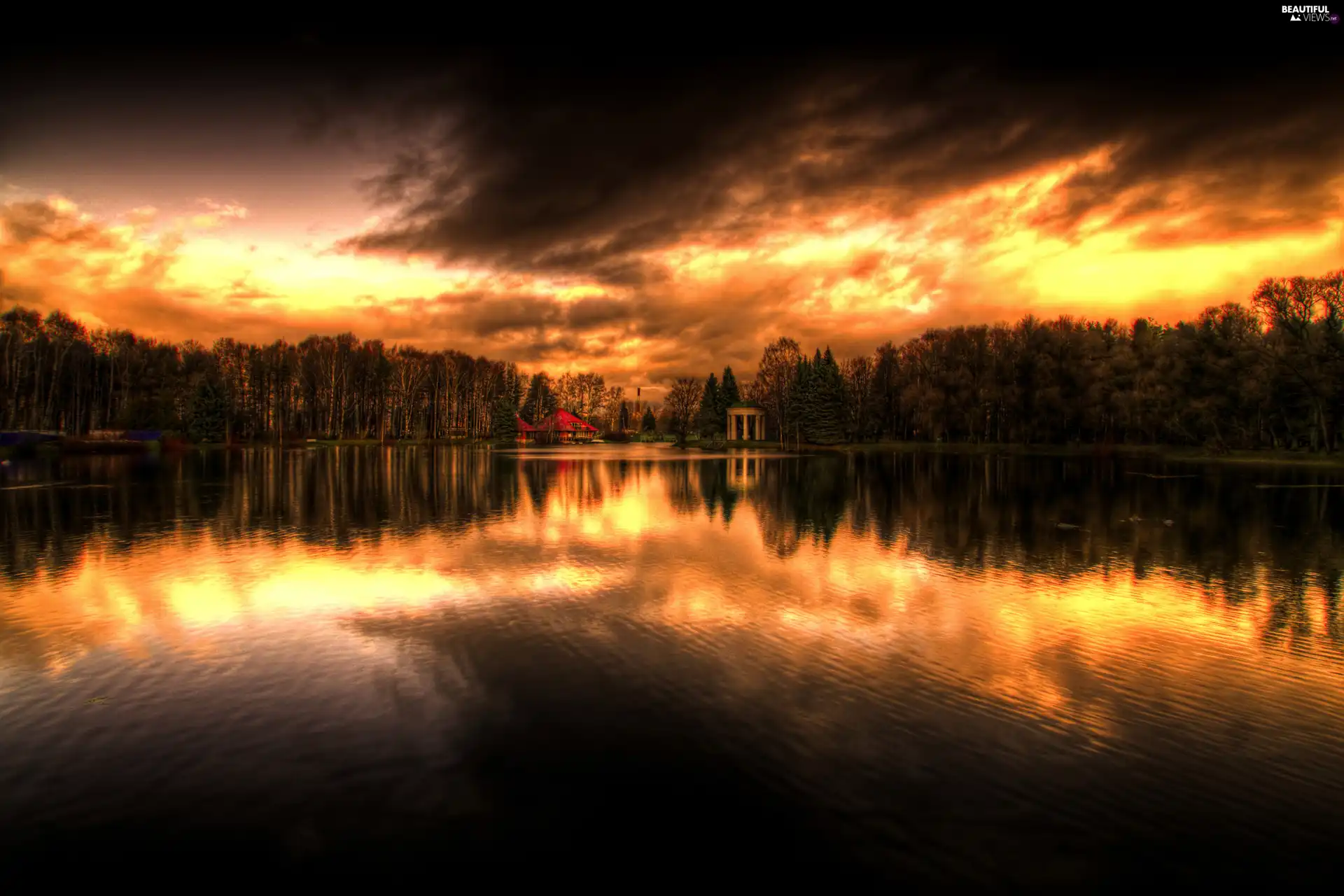 lake, Great Sunsets, reflection, forest