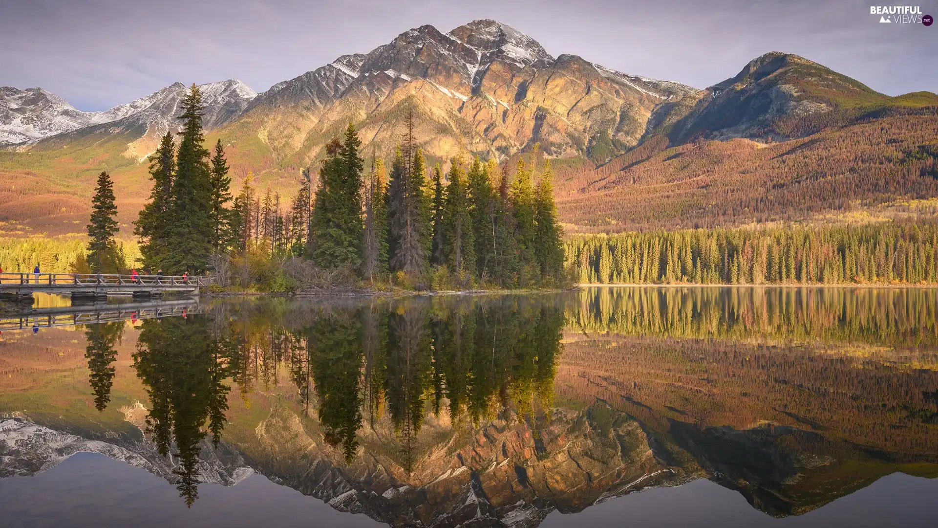 bridge, Mountains, viewes, reflection, trees, lake