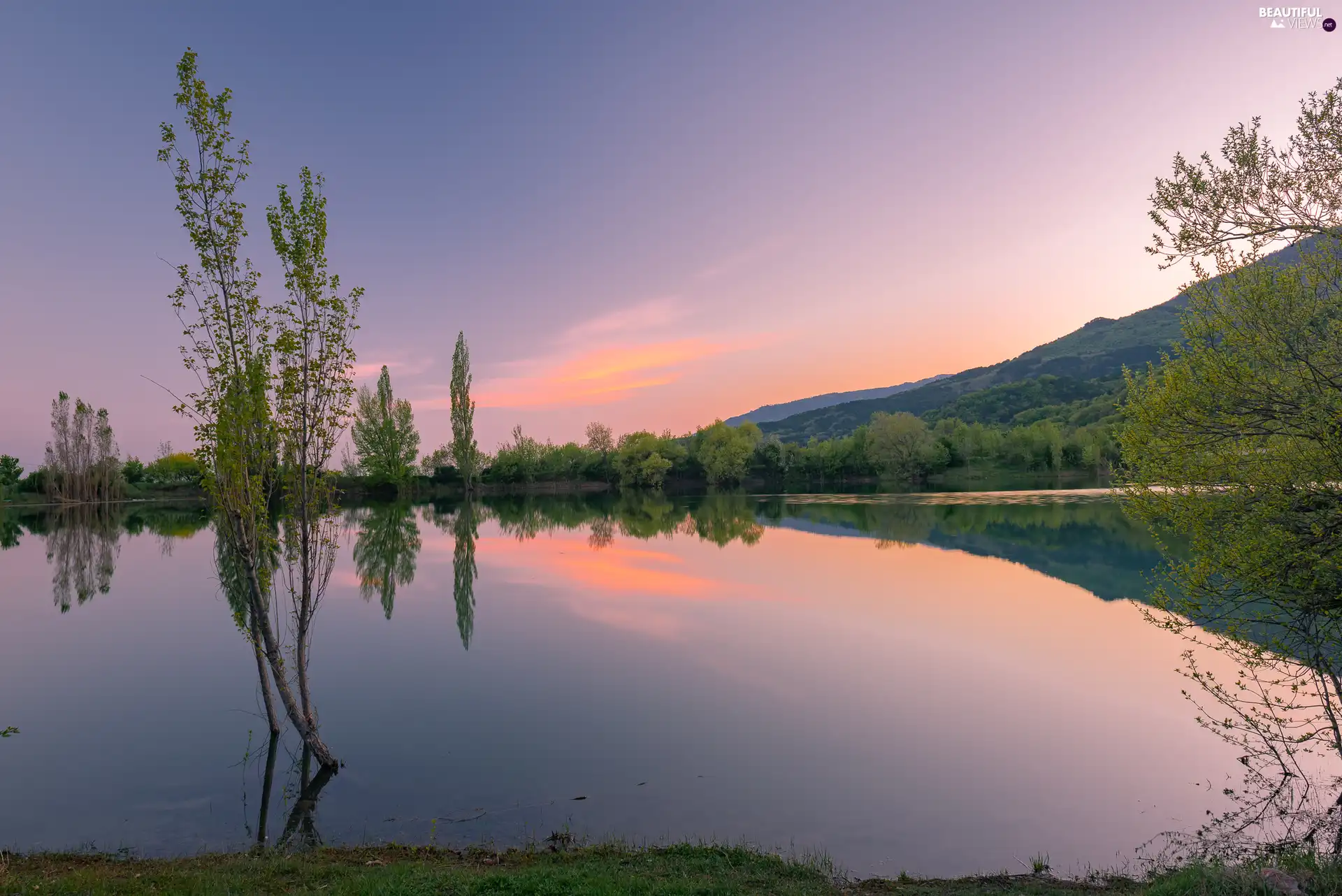Mountains, morning, viewes, reflection, trees, lake