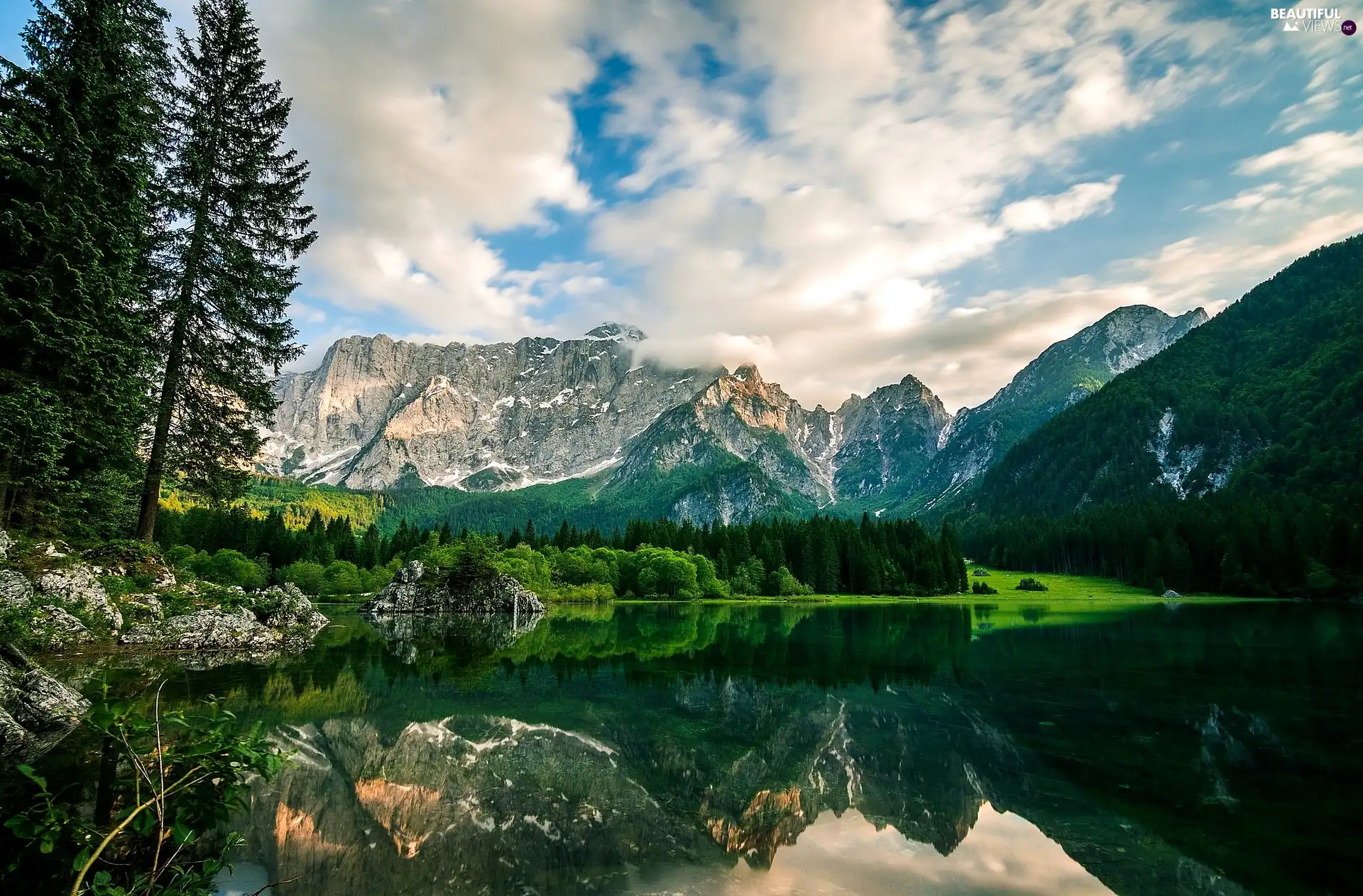 rocks, Mountains, viewes, reflection, trees, lake