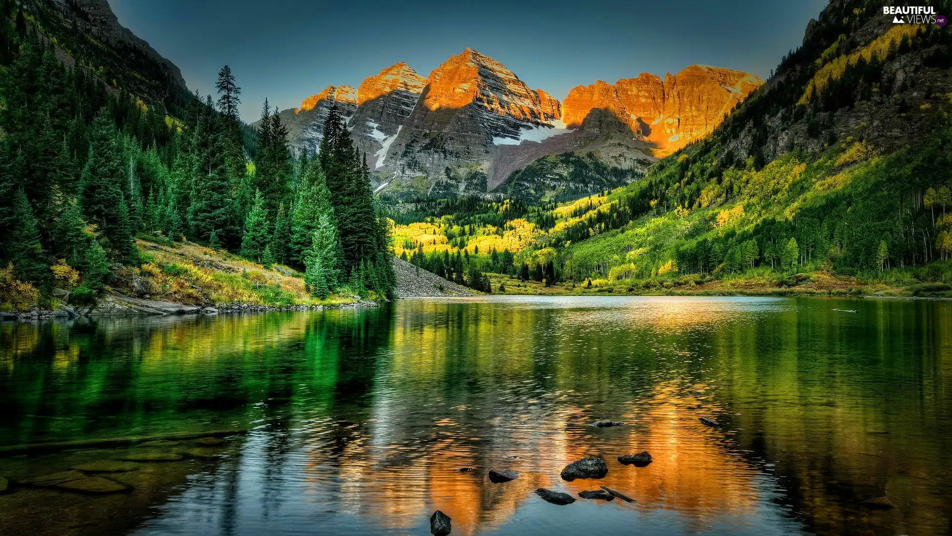 lake, woods, reflection, Mountains