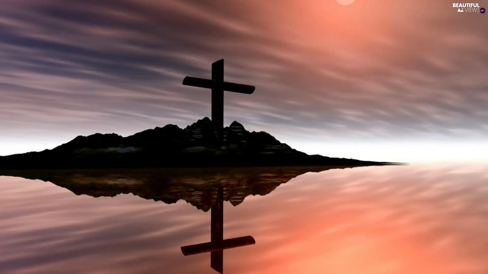 reflection, Mirror, Island, Cross, sea