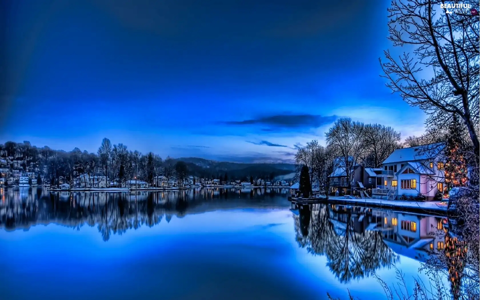reflection, Mirror, River, Houses, winter