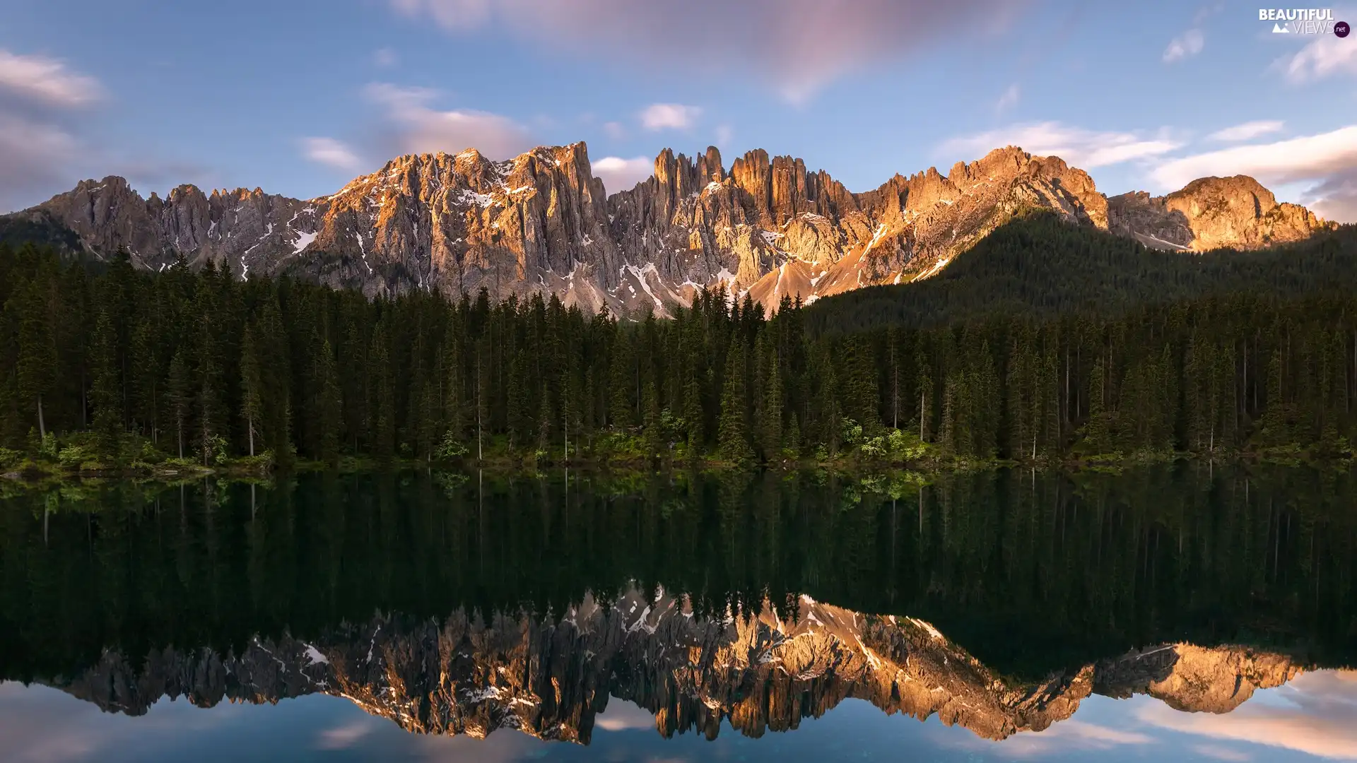 Karersee Lake, Mountains, clouds, Dolomites, Italy, forest, reflection