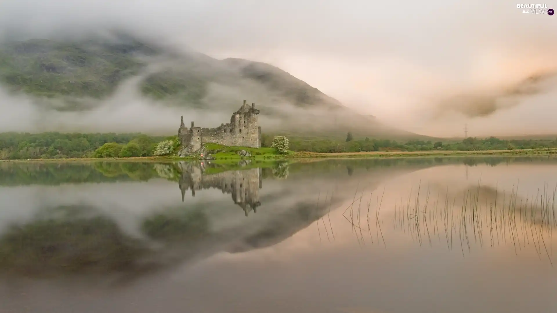 mountains, lake, reflection, ruins