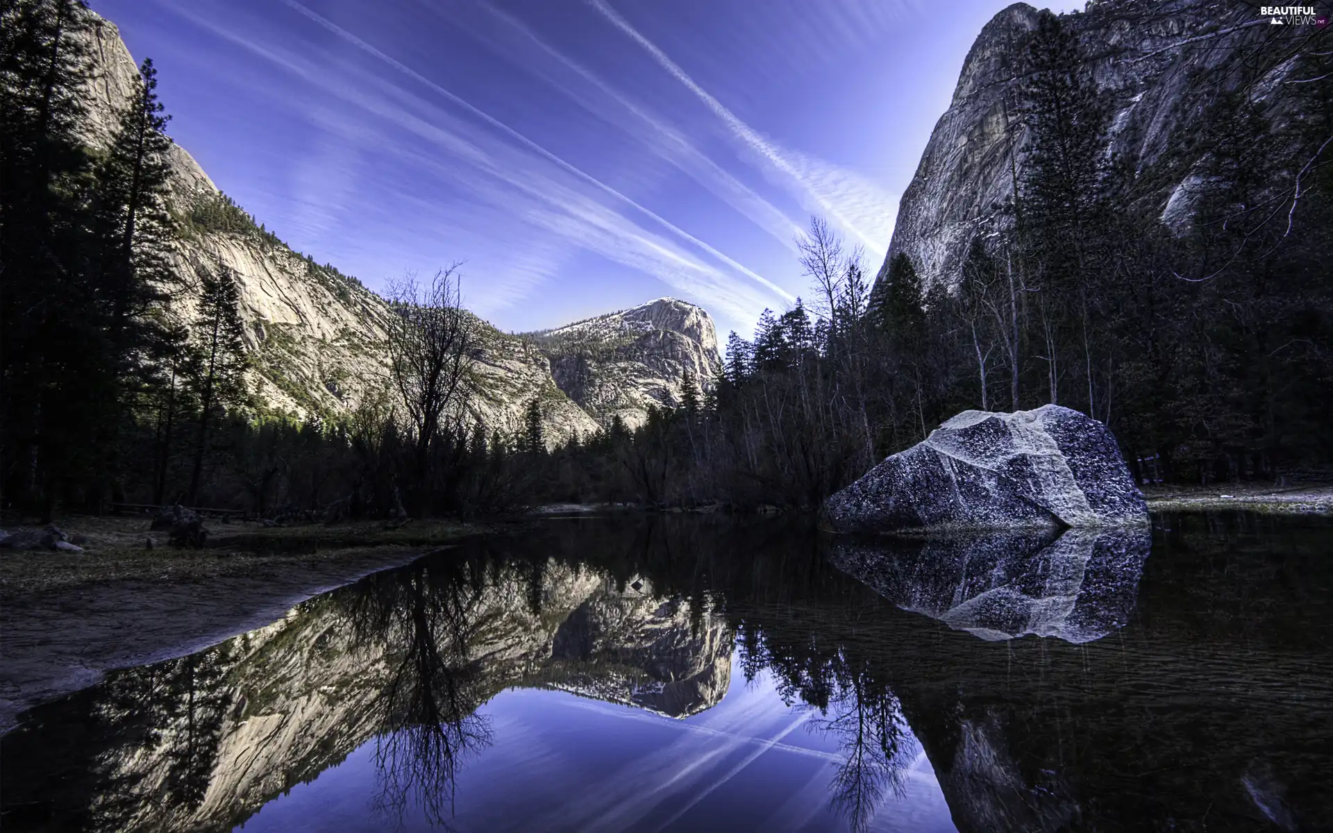 Mountains, viewes, reflection, trees