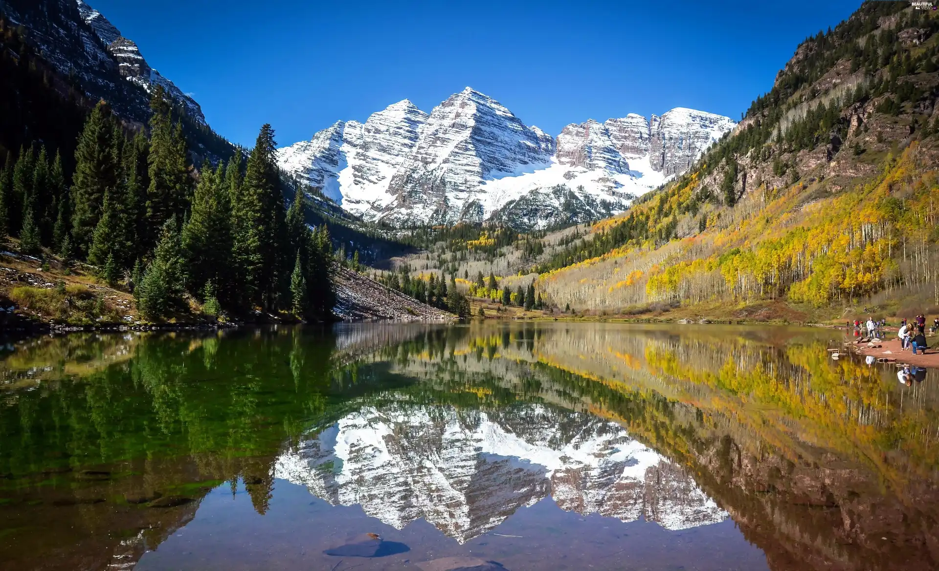 viewes, lake, snow, trees, Mountains, reflection, People