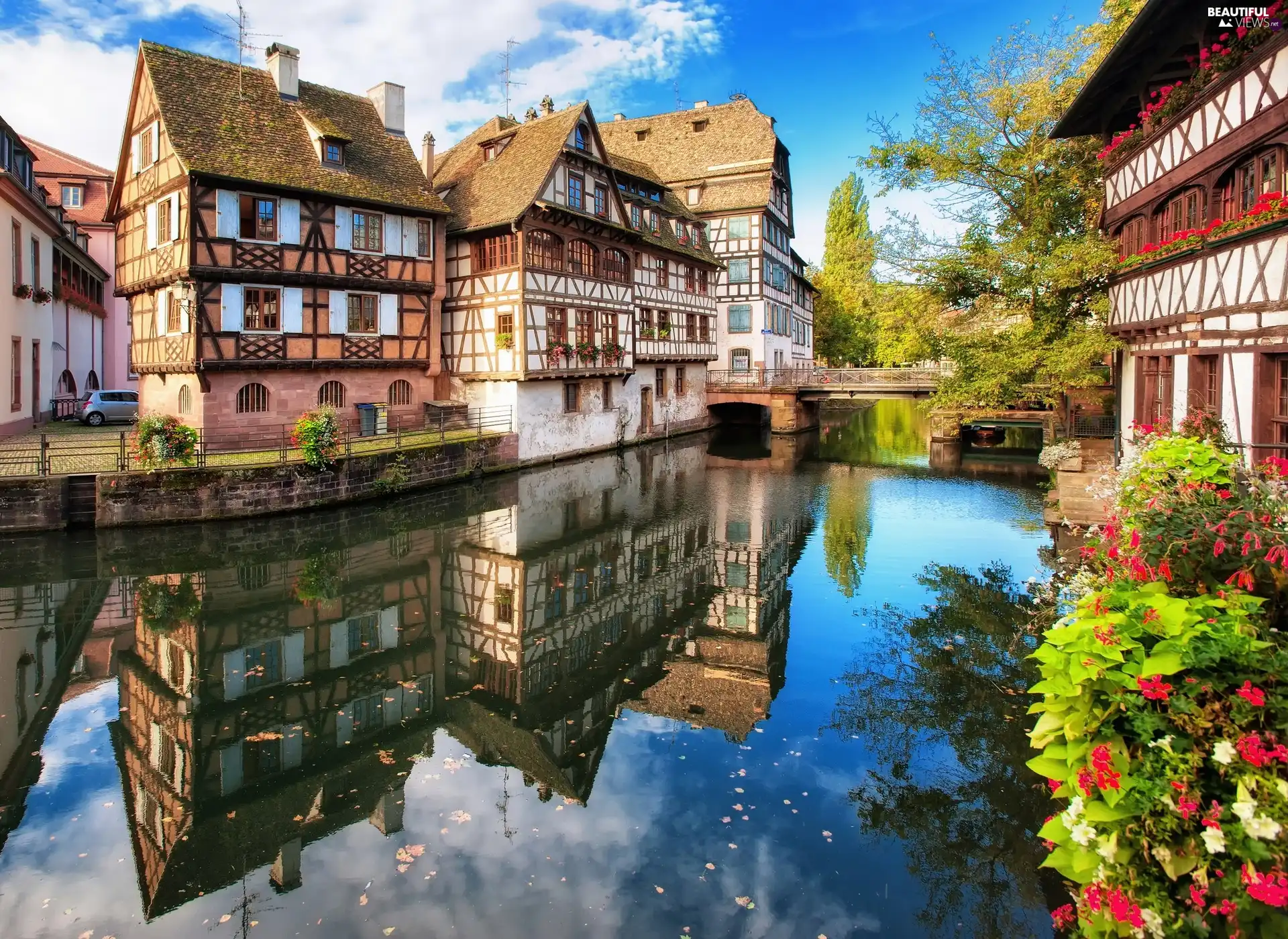 River, Houses, reflection, bridge