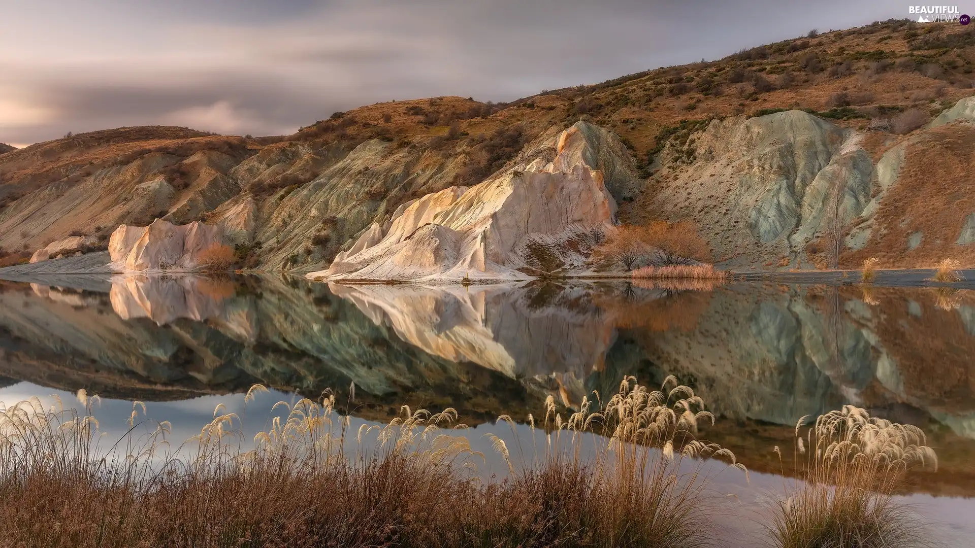 grass, reflection, River, dry, Mountains