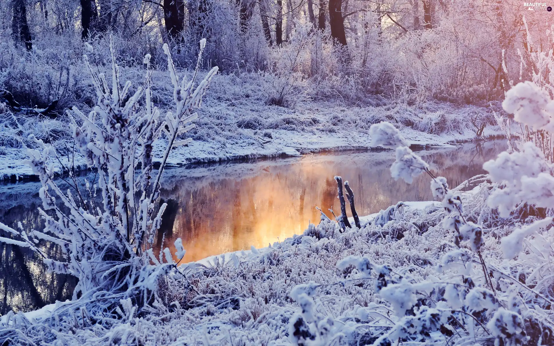 River, sun, reflection, west