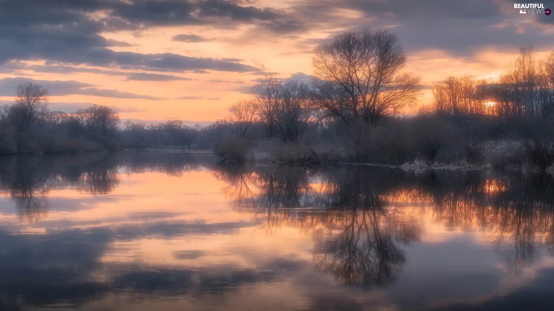 viewes, reflection, River, trees, Sunrise