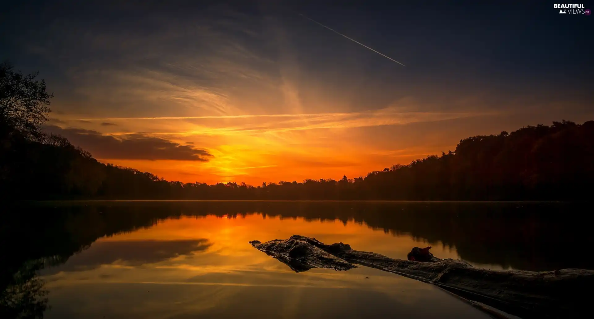 trees, lake, Rocks, reflection, viewes, Great Sunsets