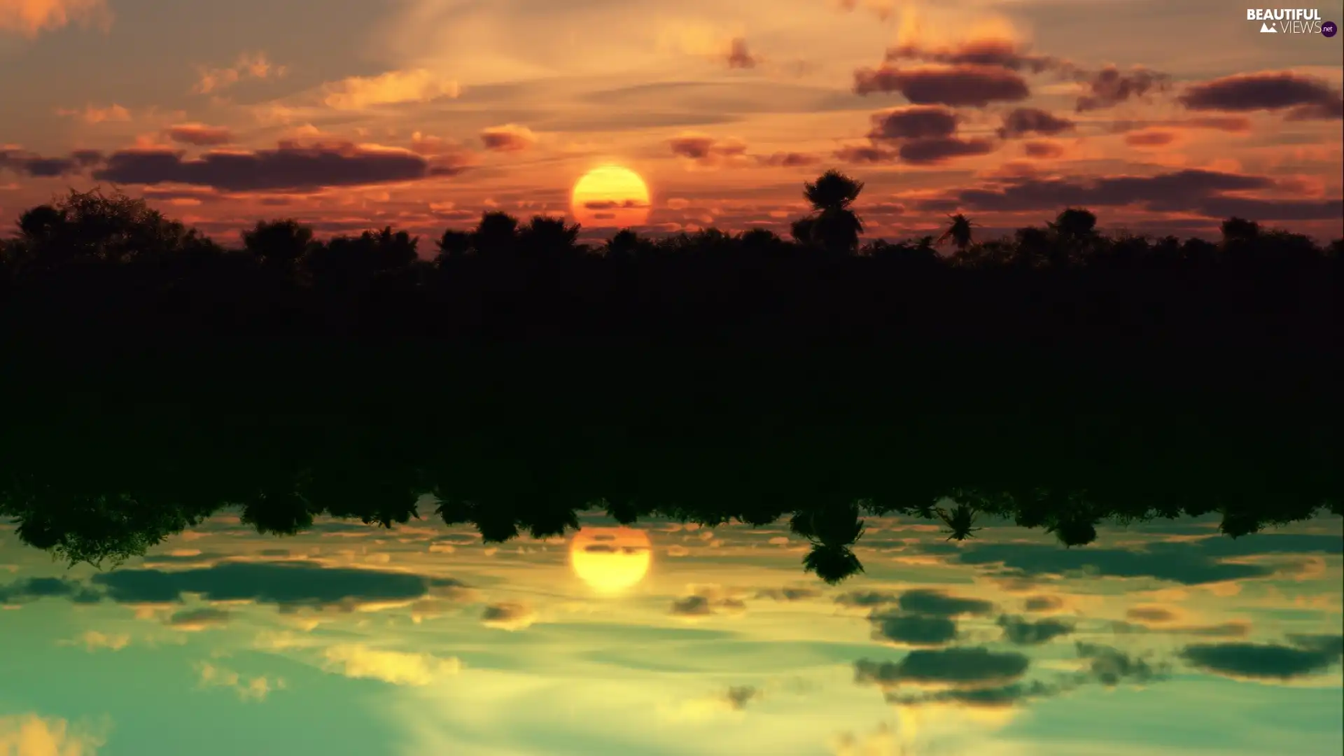 reflection, Sky, west, sun, lake