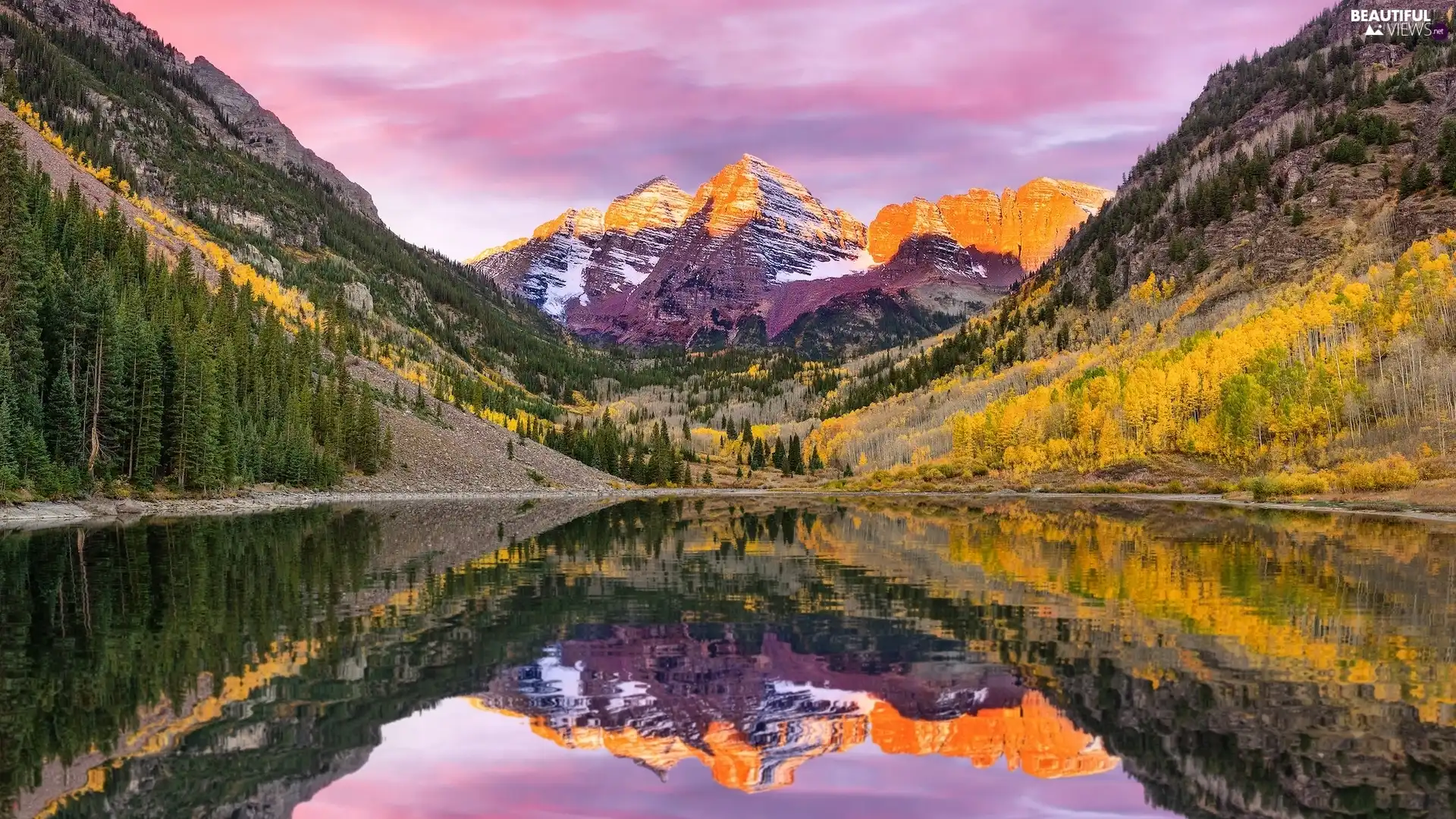Maroon Bells Peaks, rocky mountains, Maroon Lake, reflection, Colorado, The United States, viewes, autumn, trees