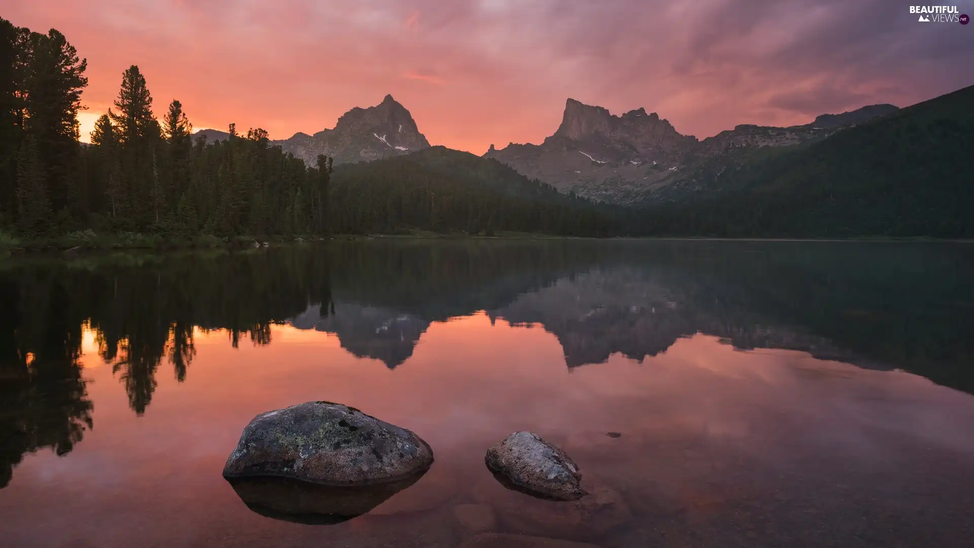 trees, lake, Stones, Great Sunsets, Mountains, viewes, reflection