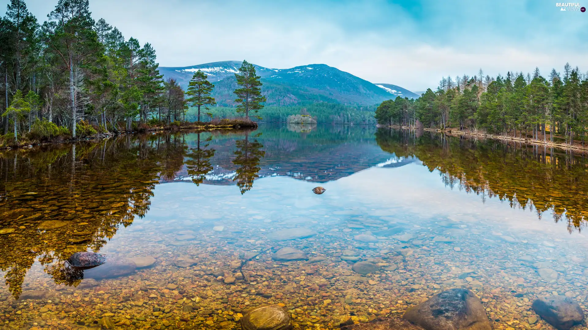 trees, lake, Mountains, reflection, viewes, Stones