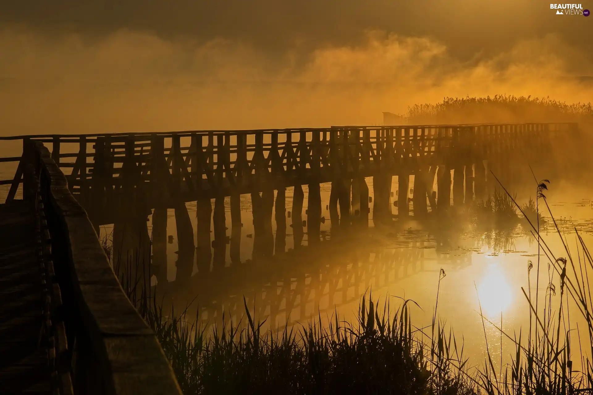 Fog, lake, bridge, reflection, wooden, Sunrise