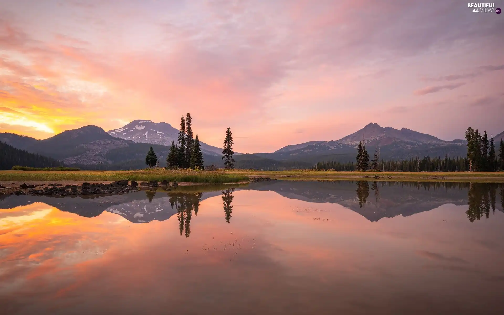 trees, lake, Sunrise, reflection, Mountains, viewes, clouds