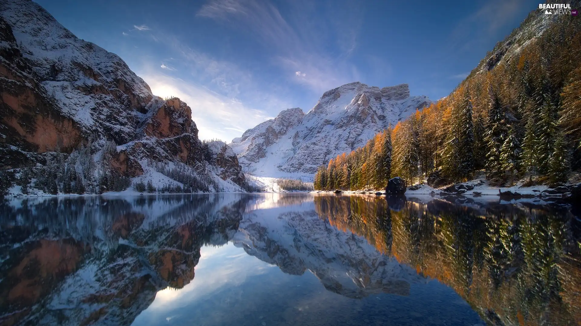 reflection, Pragser Wildsee Lake, viewes, Dolomites Mountains, Italy, trees, winter