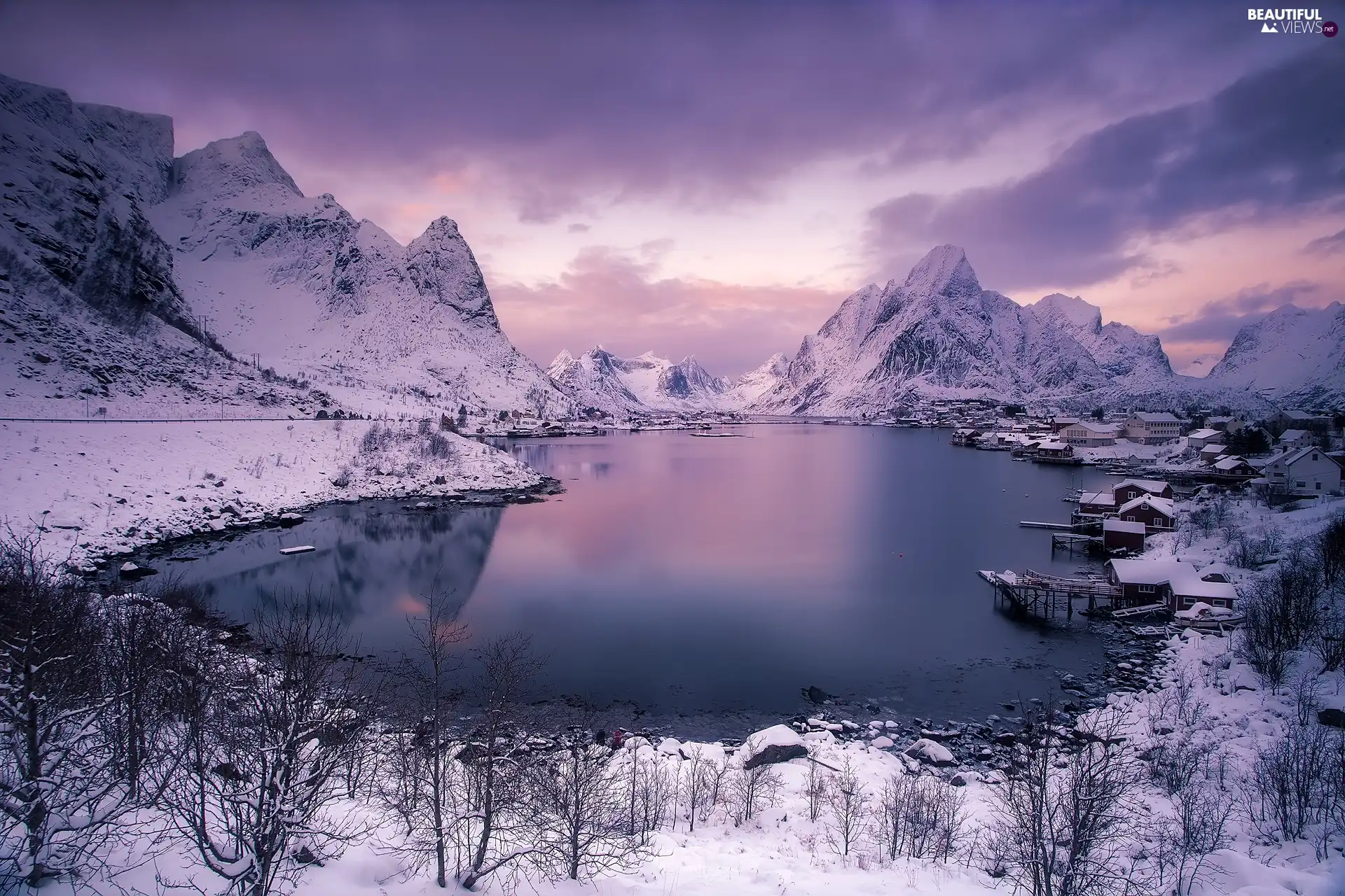 Reine Village, Norwegian Sea, clouds, winter, Mountains, Lofoten, Norway, Houses