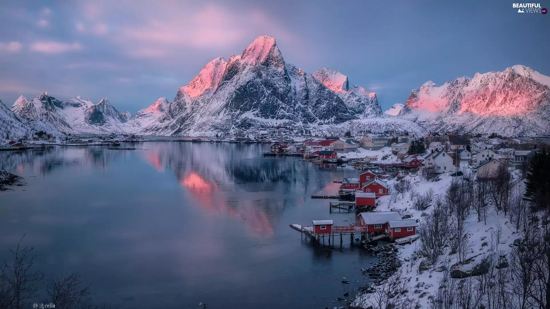 Reine, Norway, sea, Lofoten, trees, viewes, winter, Houses, Mountains
