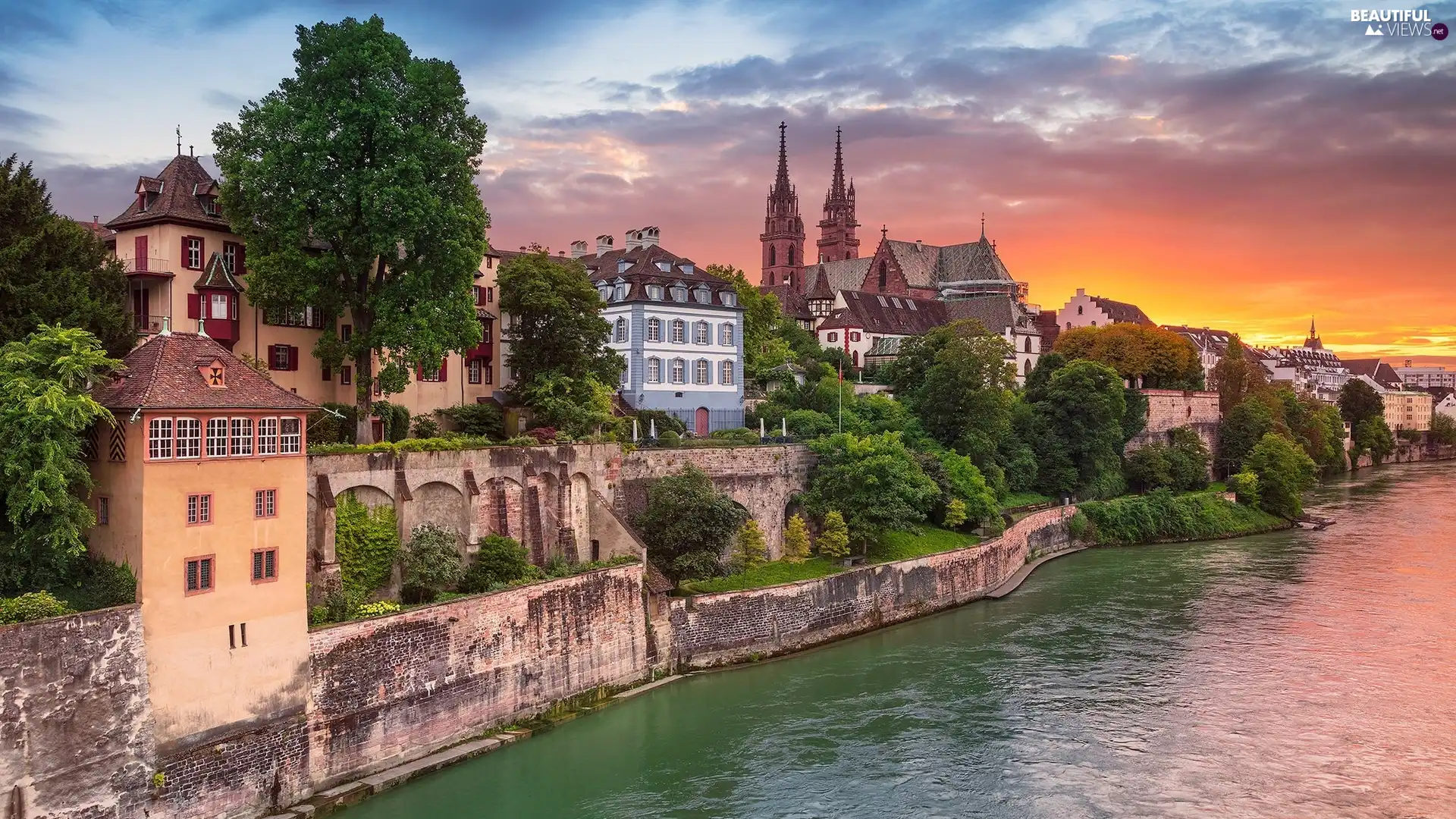 Church, Basel, trees, Houses, Switzerland, Rhine River, viewes