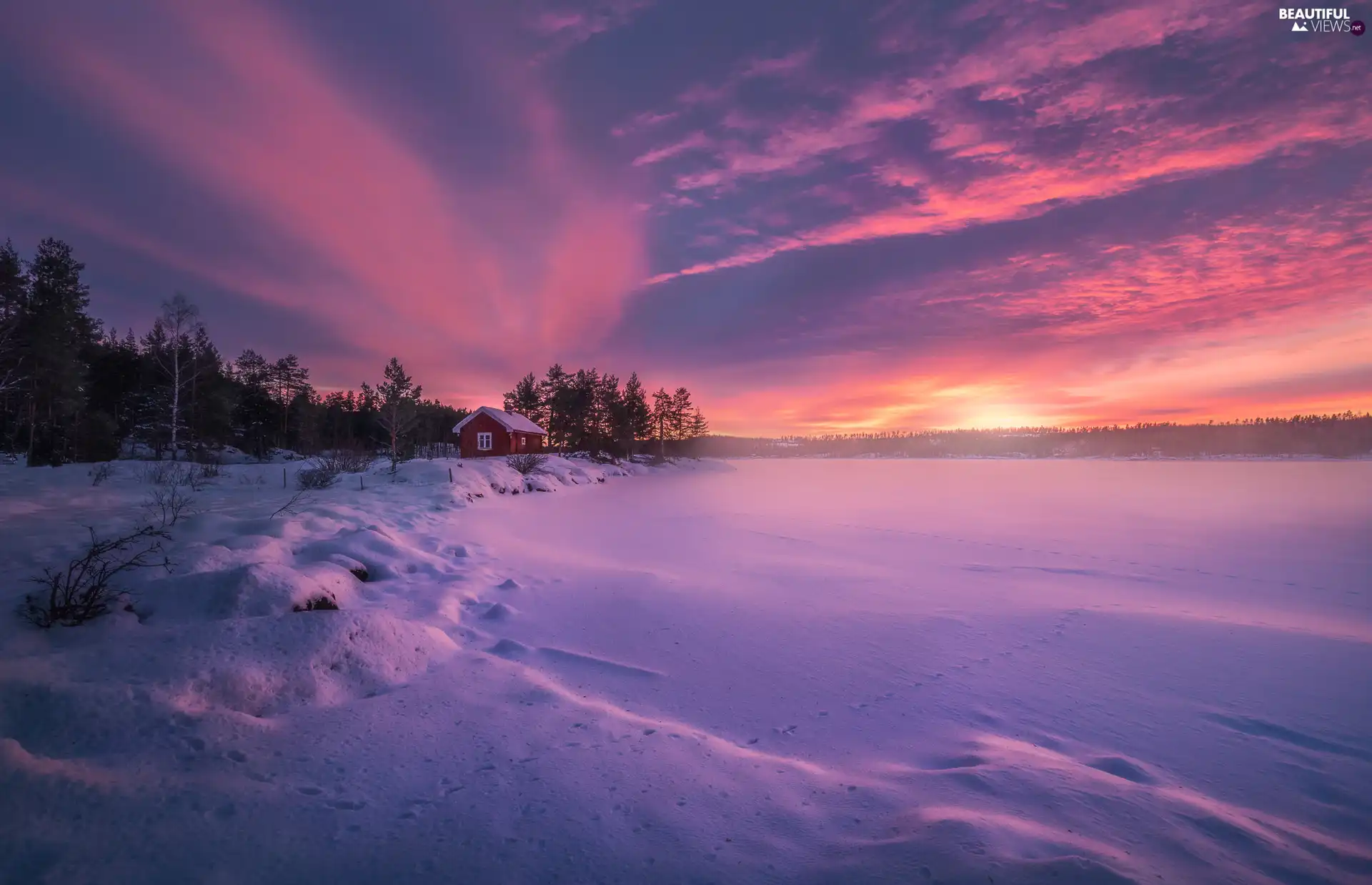 Ringerike, Norway, lake, trees, Great Sunsets, winter, house, clouds, viewes